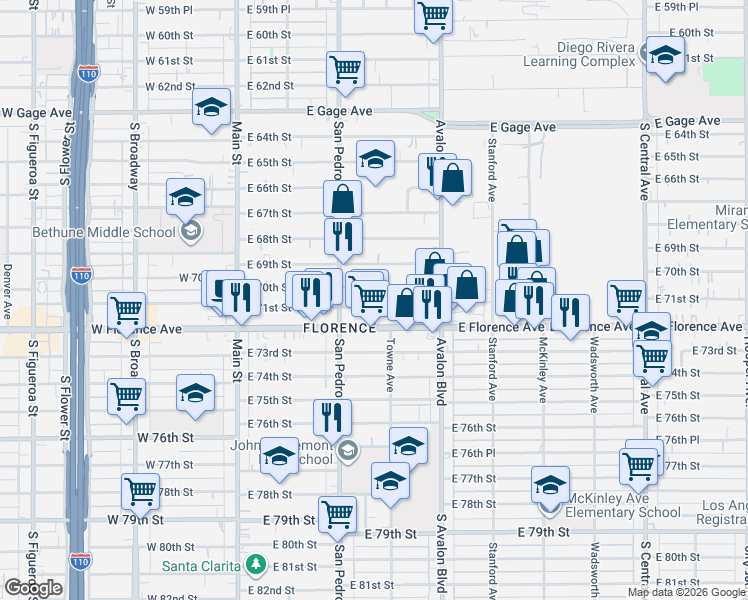 map of restaurants, bars, coffee shops, grocery stores, and more near 361 East Florence Avenue in Los Angeles