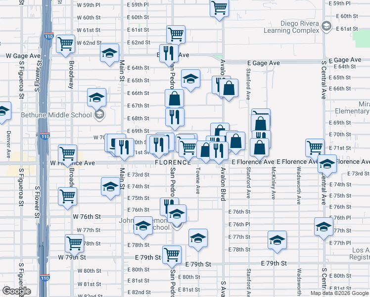 map of restaurants, bars, coffee shops, grocery stores, and more near in Florence-Graham