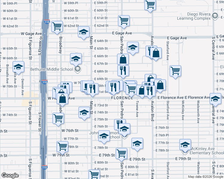 map of restaurants, bars, coffee shops, grocery stores, and more near 241 East Florence Avenue in Los Angeles