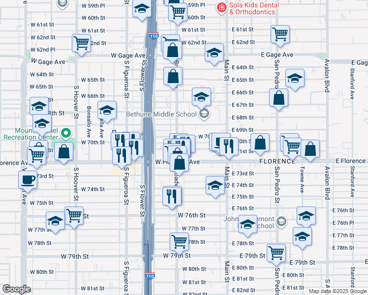 map of restaurants, bars, coffee shops, grocery stores, and more near 7108 South Broadway in Los Angeles