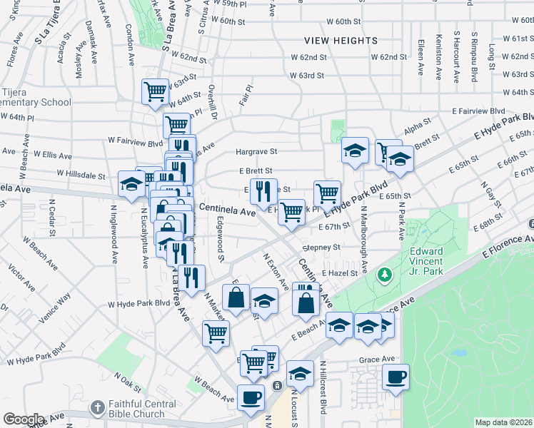 map of restaurants, bars, coffee shops, grocery stores, and more near in Inglewood