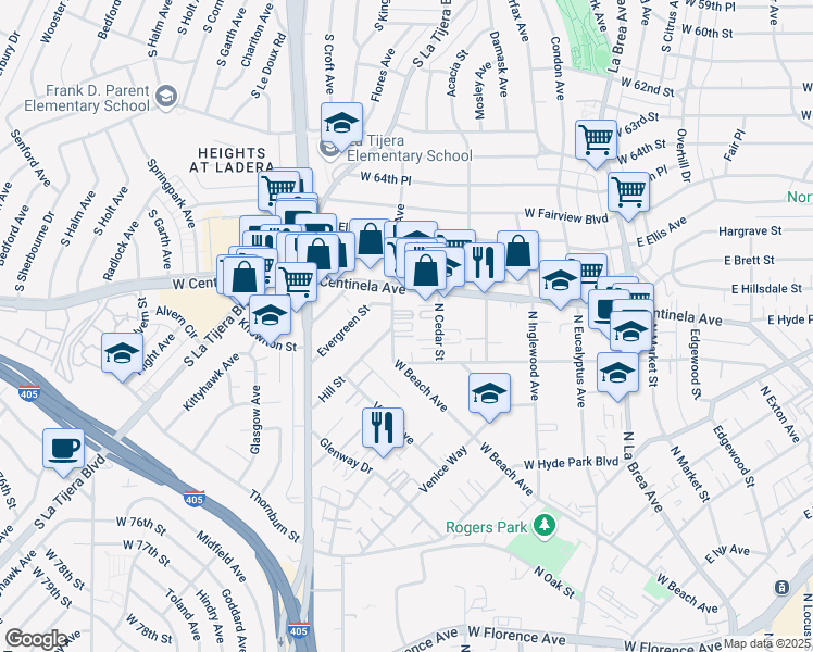 map of restaurants, bars, coffee shops, grocery stores, and more near 908 West Beach Avenue in Inglewood