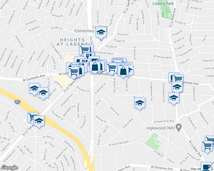 map of restaurants, bars, coffee shops, grocery stores, and more near 533 Hill Street in Inglewood