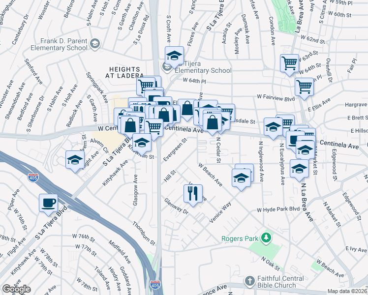 map of restaurants, bars, coffee shops, grocery stores, and more near 533 Hill Street in Inglewood