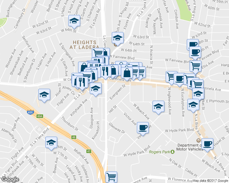 map of restaurants, bars, coffee shops, grocery stores, and more near 559 Evergreen Street in Inglewood