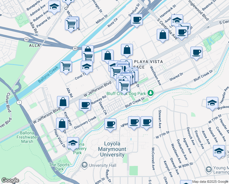 map of restaurants, bars, coffee shops, grocery stores, and more near 12852 West Runway Road in Los Angeles