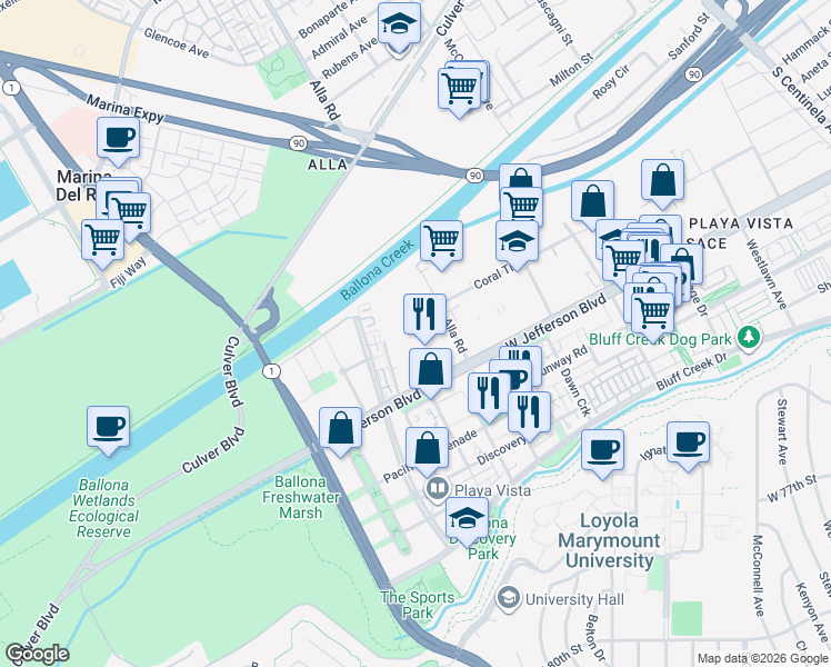 map of restaurants, bars, coffee shops, grocery stores, and more near 13031 West Jefferson Boulevard in Los Angeles