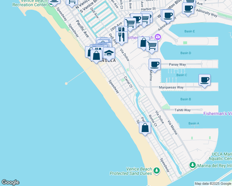 map of restaurants, bars, coffee shops, grocery stores, and more near 3815 Speedway in Marina del Rey