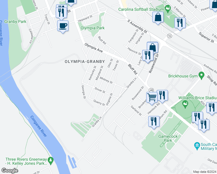 map of restaurants, bars, coffee shops, grocery stores, and more near 350 Virginia Street in Columbia