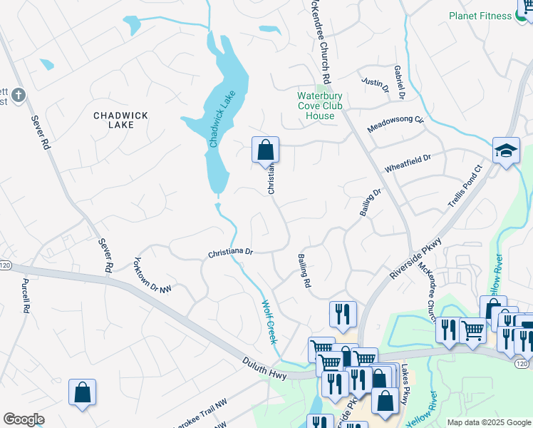 map of restaurants, bars, coffee shops, grocery stores, and more near 1490 Walnut Hill Circle in Lawrenceville