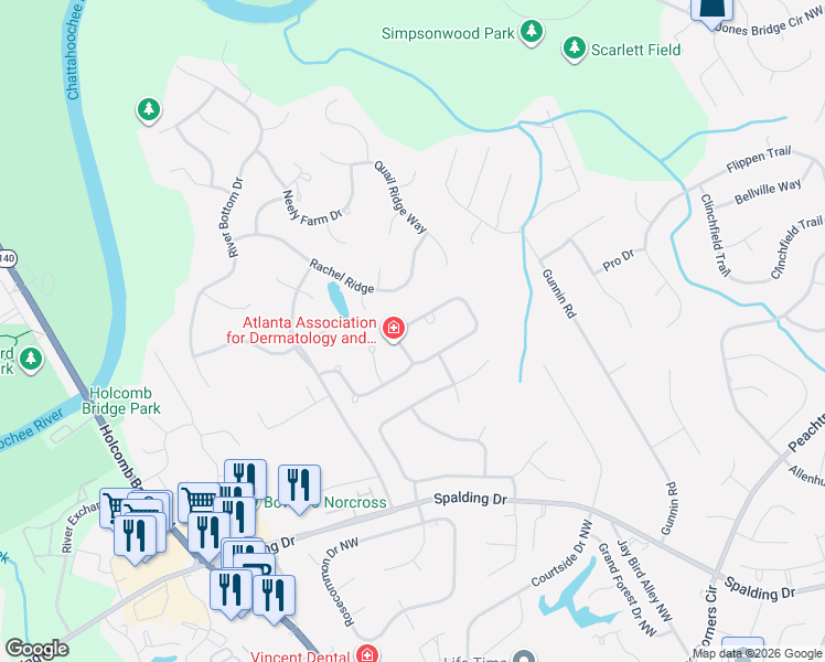 map of restaurants, bars, coffee shops, grocery stores, and more near 6124 Poplar Bluff Circle in Norcross
