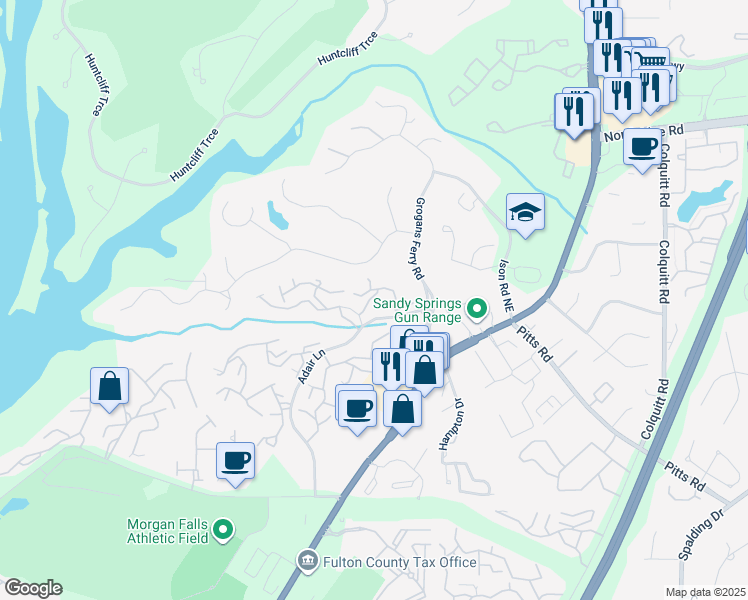 map of restaurants, bars, coffee shops, grocery stores, and more near 8075 Spring Creek Lane in Sandy Springs