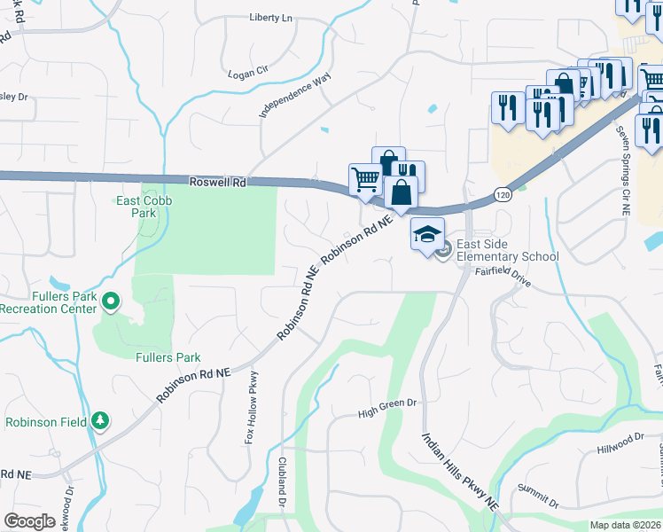map of restaurants, bars, coffee shops, grocery stores, and more near 1020 Clubland Point Northeast in Marietta
