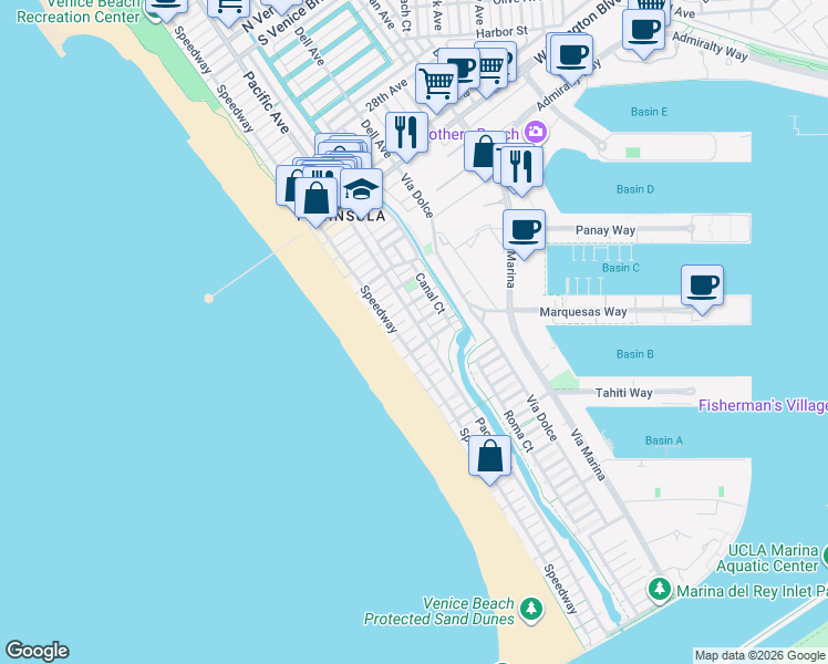 map of restaurants, bars, coffee shops, grocery stores, and more near 20 Hurricane Street in Los Angeles