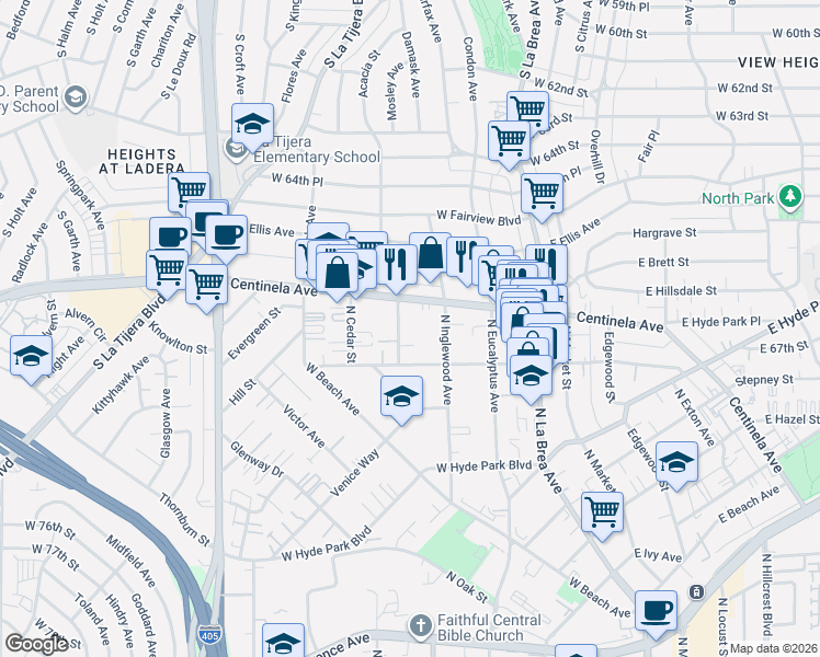 map of restaurants, bars, coffee shops, grocery stores, and more near 930 Enterprise Avenue in Inglewood