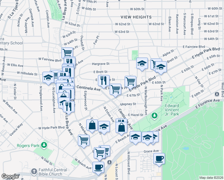 map of restaurants, bars, coffee shops, grocery stores, and more near in Inglewood