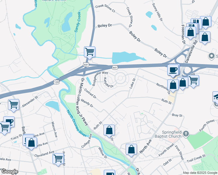 map of restaurants, bars, coffee shops, grocery stores, and more near 325 Conrad Drive in Athens