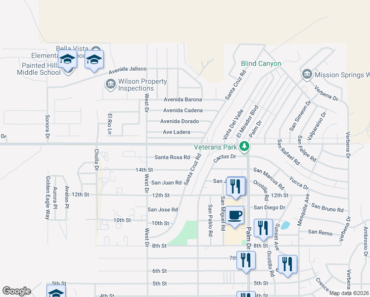 map of restaurants, bars, coffee shops, grocery stores, and more near 66195 Santa Rosa Road in Desert Hot Springs