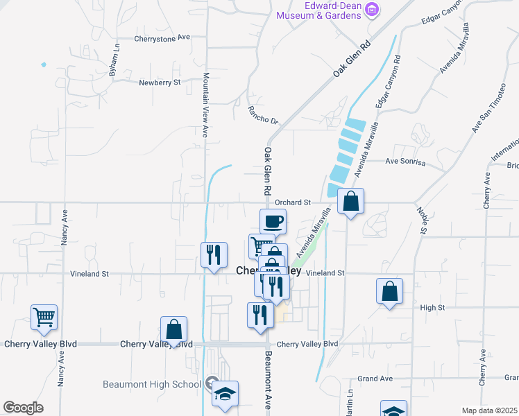 map of restaurants, bars, coffee shops, grocery stores, and more near 10007 Beaumont Avenue in Cherry Valley