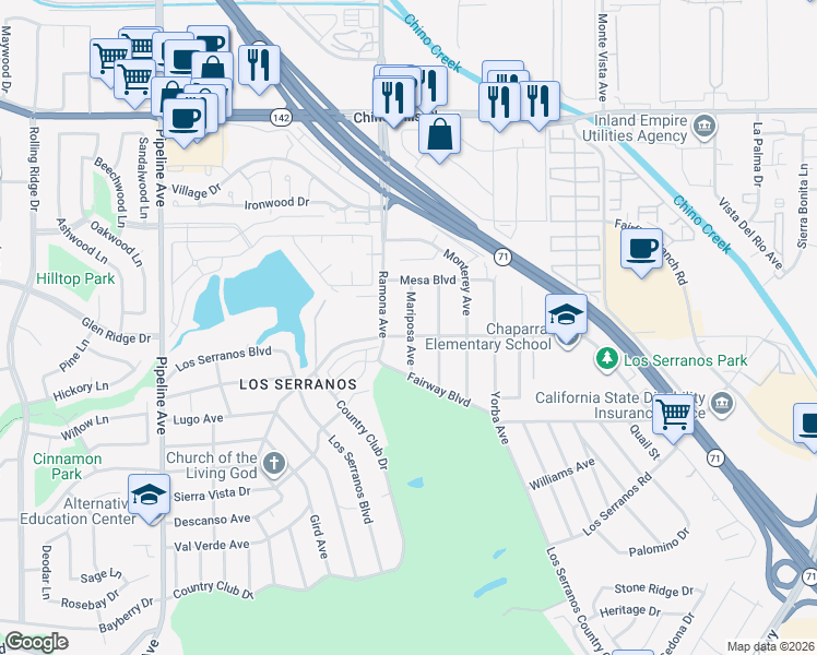 map of restaurants, bars, coffee shops, grocery stores, and more near 4555 Bird Farm Road in Chino Hills