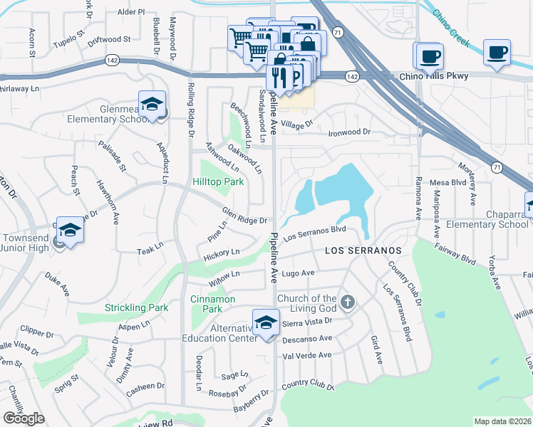 map of restaurants, bars, coffee shops, grocery stores, and more near 4091 Glen Ridge Drive in Chino Hills