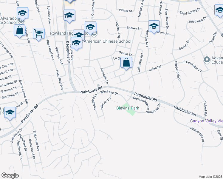 map of restaurants, bars, coffee shops, grocery stores, and more near 19306 Windrose Drive in Rowland Heights