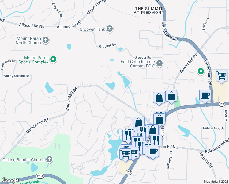 map of restaurants, bars, coffee shops, grocery stores, and more near 2040 Barnes Mill Road in Marietta