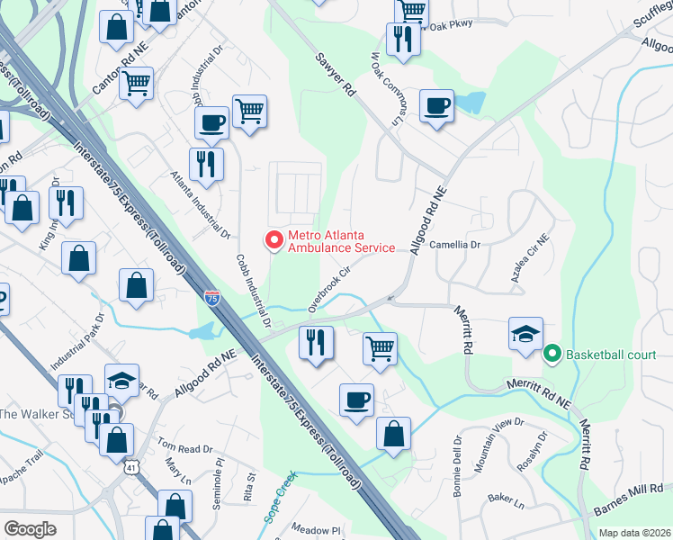 map of restaurants, bars, coffee shops, grocery stores, and more near 942 Overbrook Circle in Marietta