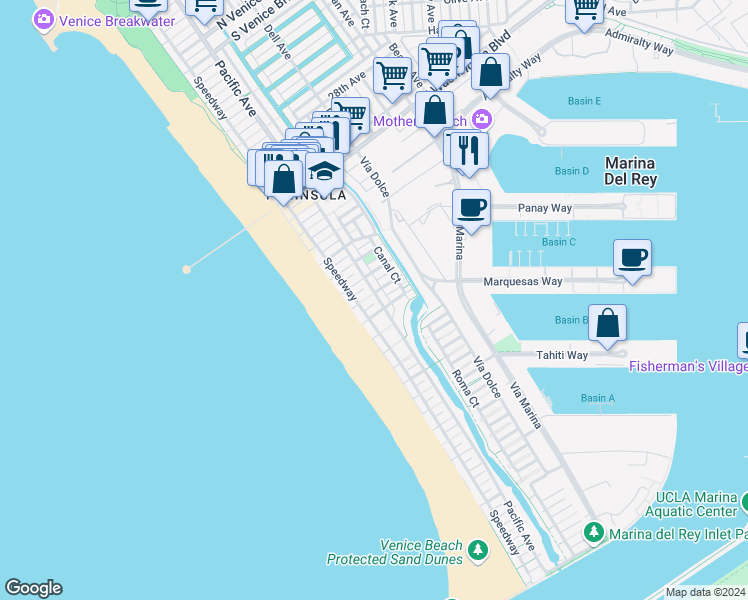 map of restaurants, bars, coffee shops, grocery stores, and more near 32 Galleon Street in Marina del Rey