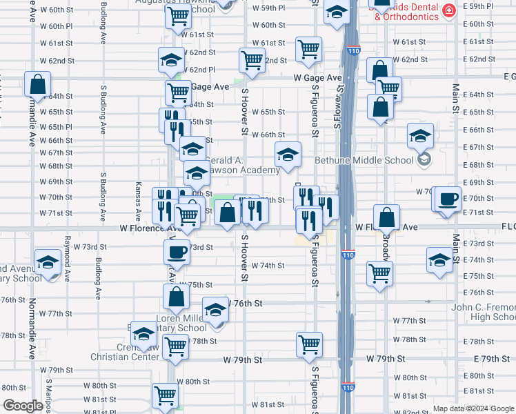 map of restaurants, bars, coffee shops, grocery stores, and more near 7011 Bonsallo Avenue in Los Angeles