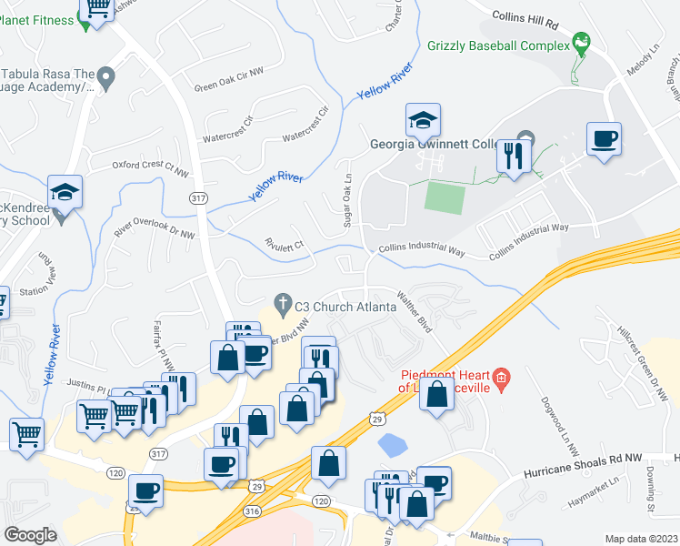 map of restaurants, bars, coffee shops, grocery stores, and more near 922 Tree Creek Boulevard in Lawrenceville