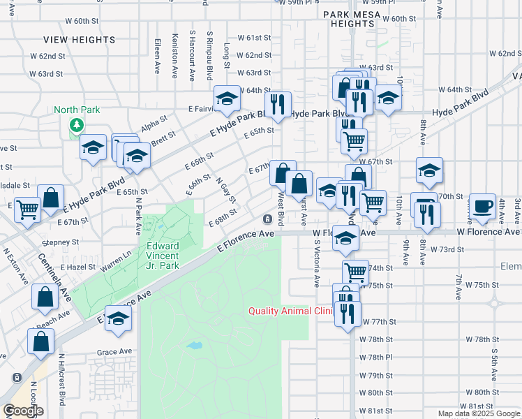 map of restaurants, bars, coffee shops, grocery stores, and more near 1117 East Redondo Boulevard in Inglewood
