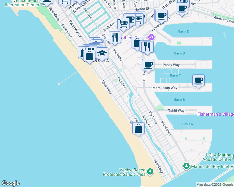 map of restaurants, bars, coffee shops, grocery stores, and more near 32 Galleon Street in Marina del Rey