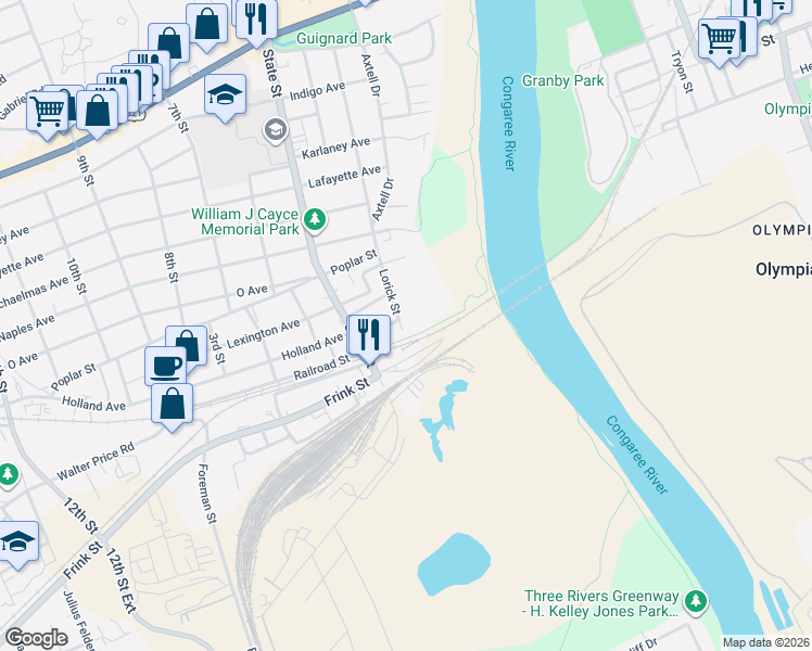 map of restaurants, bars, coffee shops, grocery stores, and more near 2121 Lorick Street in Cayce