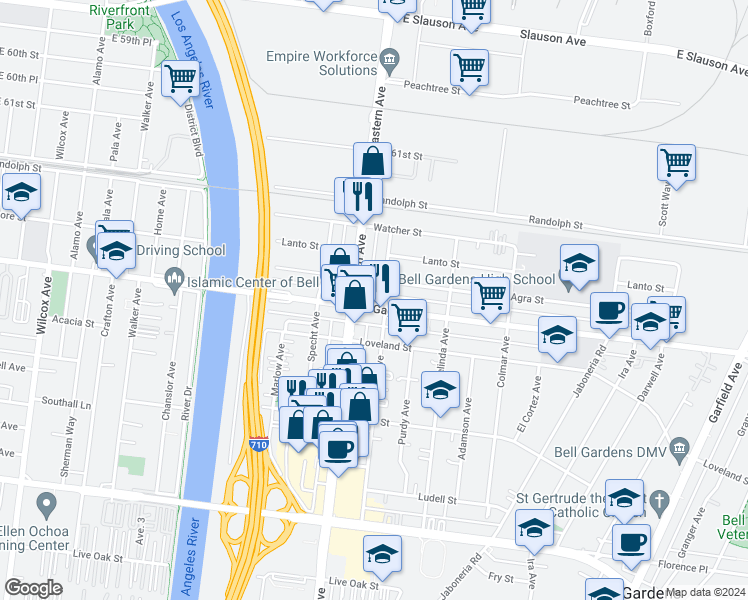 map of restaurants, bars, coffee shops, grocery stores, and more near 5721 Gage Avenue in Bell Gardens