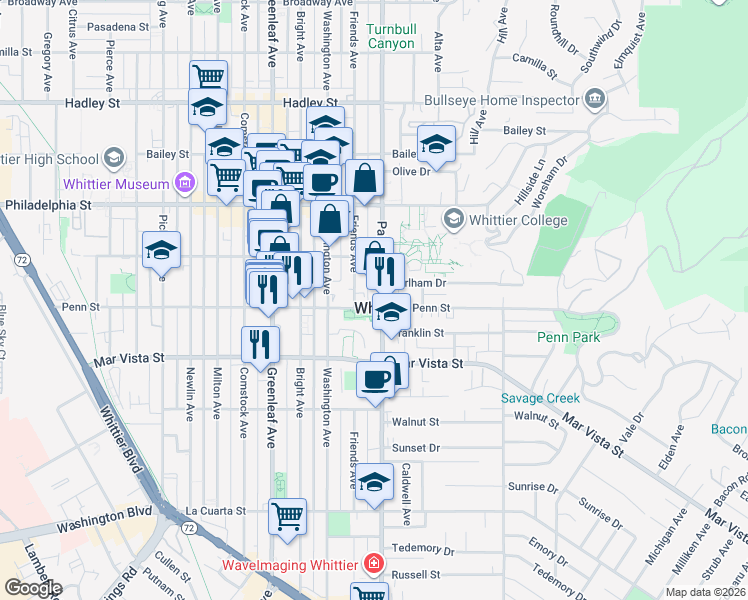 map of restaurants, bars, coffee shops, grocery stores, and more near 7251 Painter Avenue in Whittier