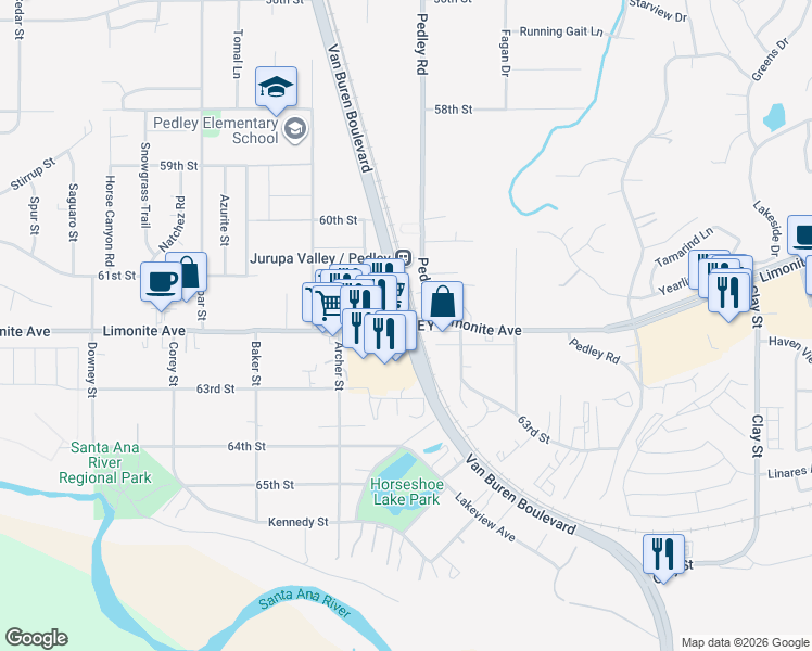 map of restaurants, bars, coffee shops, grocery stores, and more near in Riverside