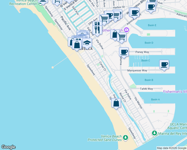 map of restaurants, bars, coffee shops, grocery stores, and more near 3711 Ocean Front Walk in Marina del Rey