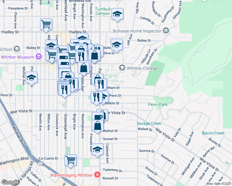 map of restaurants, bars, coffee shops, grocery stores, and more near 13611 Penn Street in Whittier