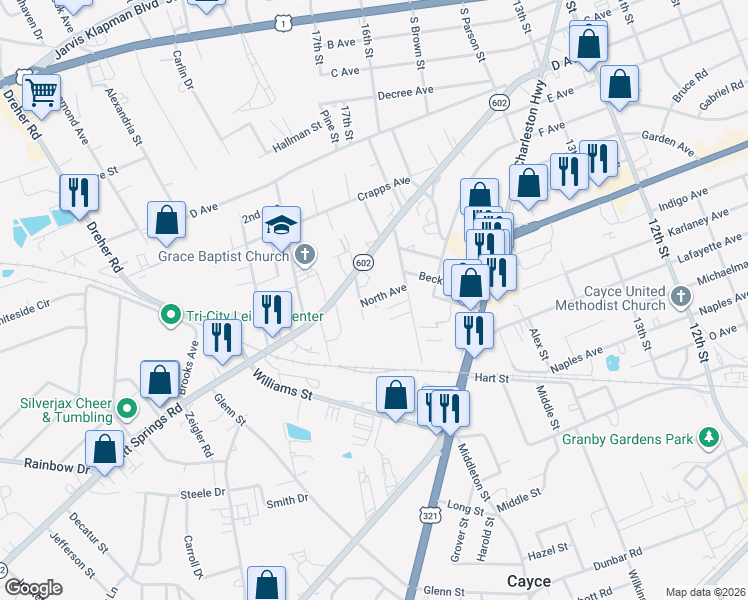 map of restaurants, bars, coffee shops, grocery stores, and more near 603 Boozer Street in West Columbia