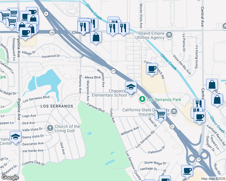 map of restaurants, bars, coffee shops, grocery stores, and more near 15289 Yorba Avenue in Chino Hills