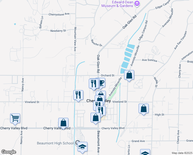 map of restaurants, bars, coffee shops, grocery stores, and more near 10007 Beaumont Avenue in Cherry Valley