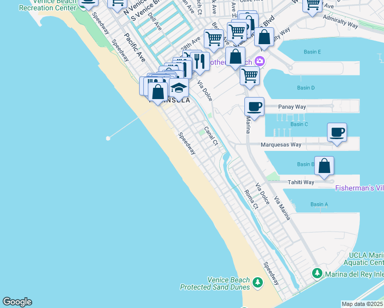 map of restaurants, bars, coffee shops, grocery stores, and more near 3711 Ocean Front Walk in Marina del Rey