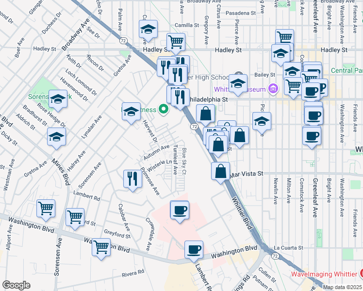 map of restaurants, bars, coffee shops, grocery stores, and more near 12142 Blue Sky Court in Whittier