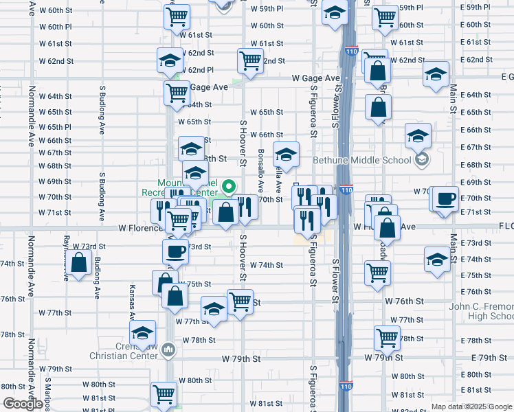 map of restaurants, bars, coffee shops, grocery stores, and more near 7011 Bonsallo Avenue in Los Angeles