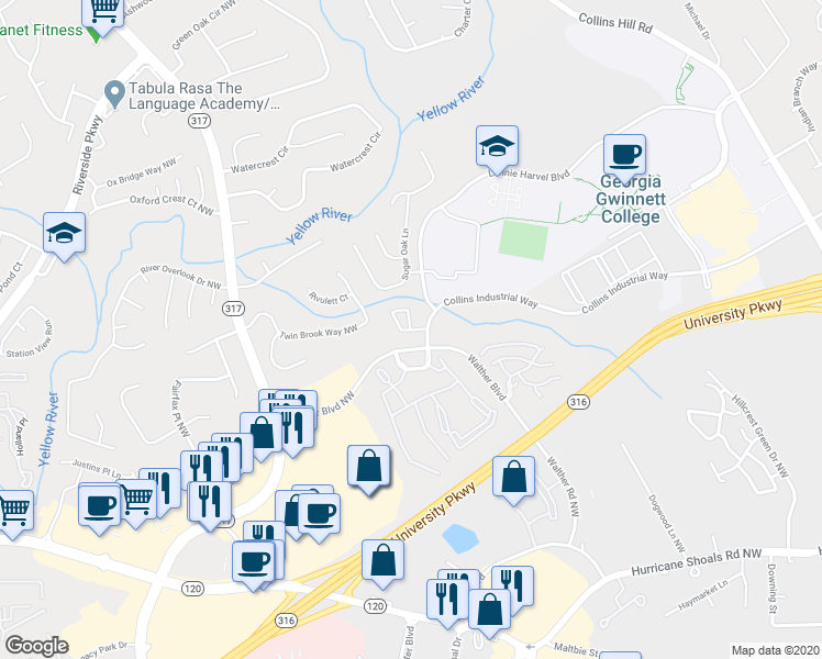 map of restaurants, bars, coffee shops, grocery stores, and more near 970 Tree Creek Boulevard in Lawrenceville