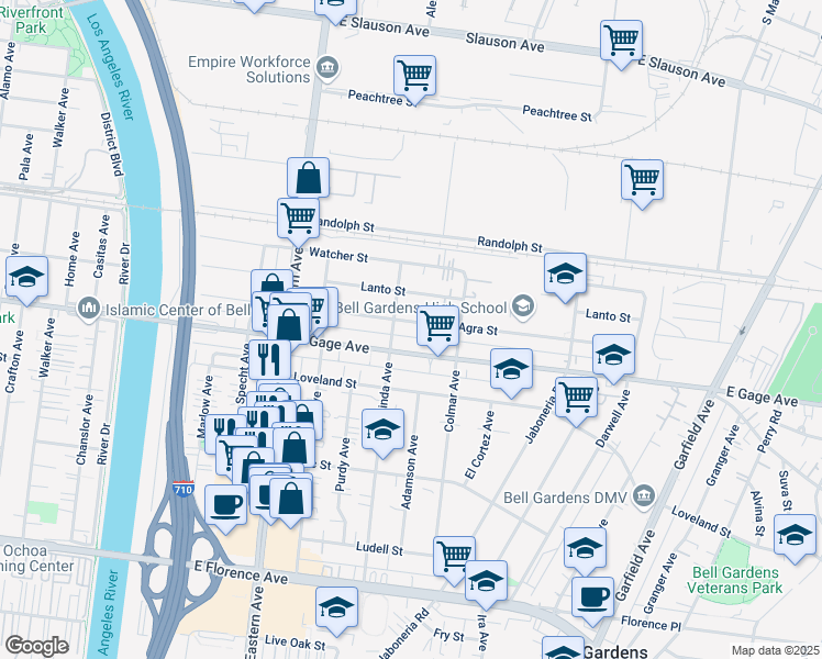 map of restaurants, bars, coffee shops, grocery stores, and more near 5906 East Gage Avenue in Bell Gardens