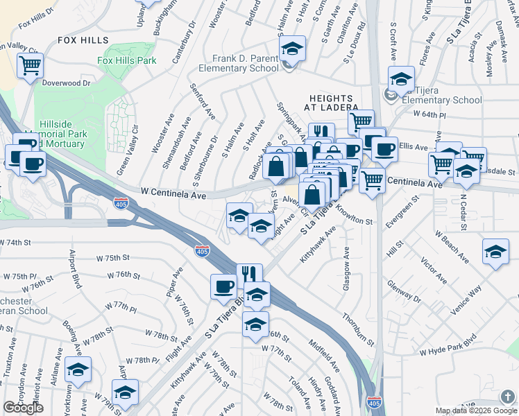 map of restaurants, bars, coffee shops, grocery stores, and more near 7077 Alvern Street in Los Angeles