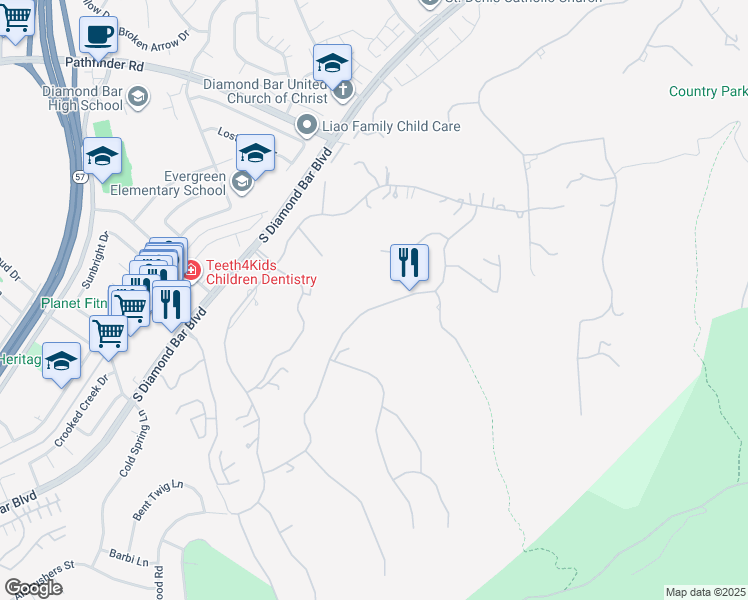 map of restaurants, bars, coffee shops, grocery stores, and more near 2677 Wagon Train Lane in Diamond Bar