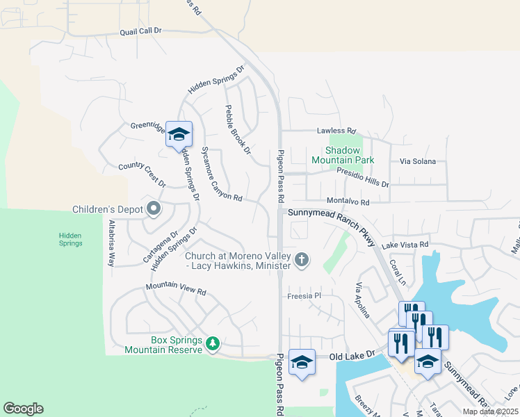 map of restaurants, bars, coffee shops, grocery stores, and more near 10020 Whitewater Road in Moreno Valley